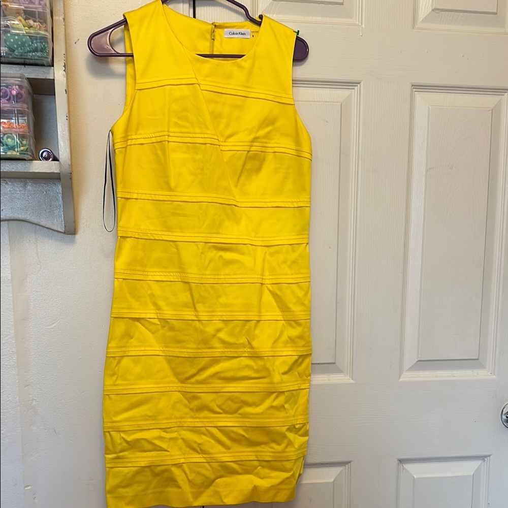 Calvin Klein Yellow Sheath Mini Dress Crew Neck